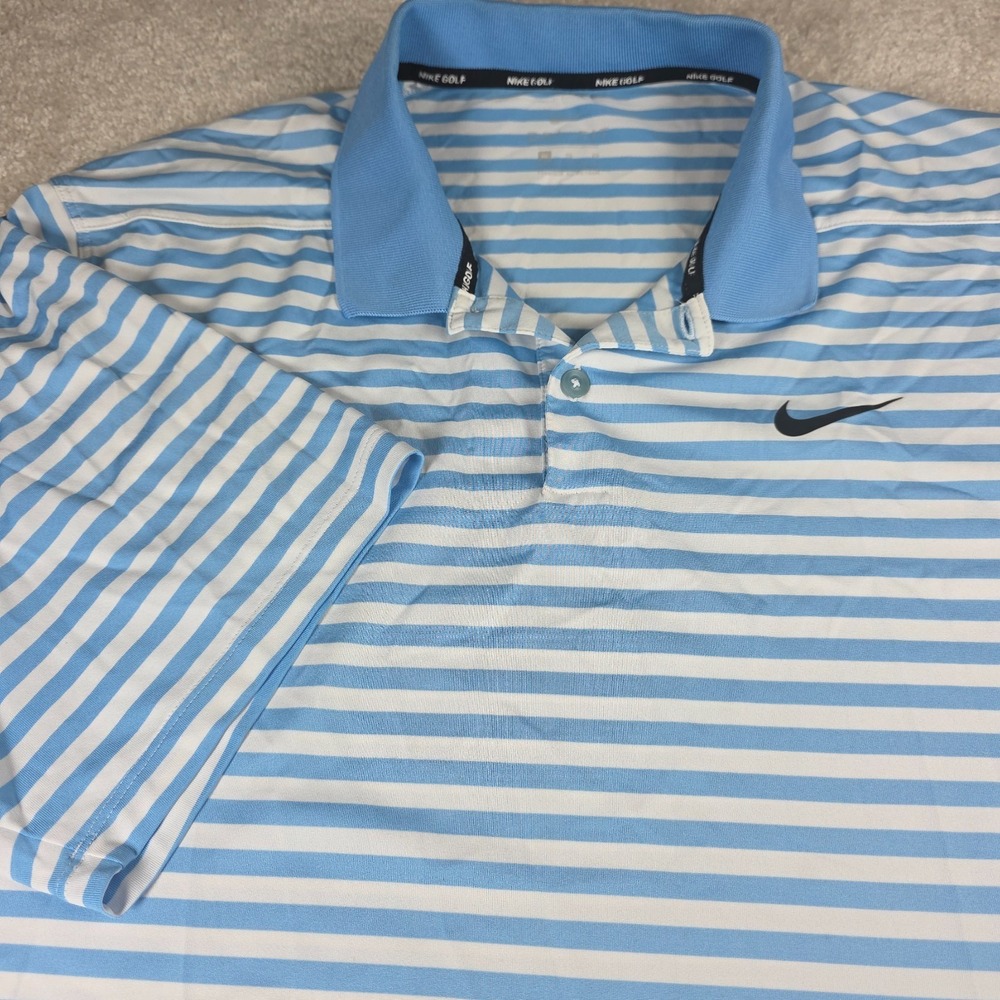 Nike Golf Polo Shirt Mens XL Blue‎ White Dri-Fit Victory Striped Swoosh Logo